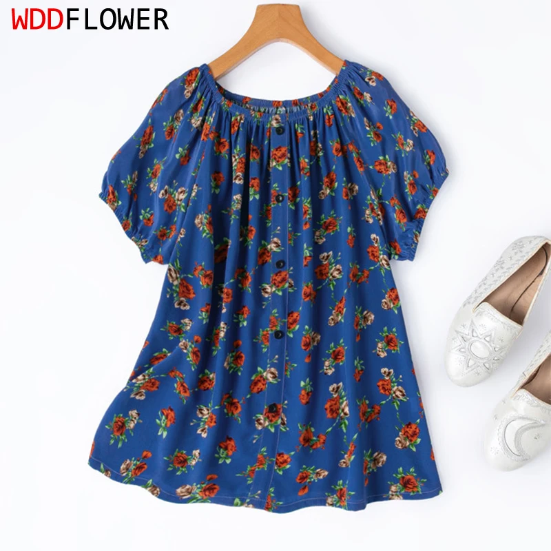 Women Silk T-shirt 100% Mulberry Silk Crepe Silk French Style Short Sleeve Blue Floral Printed Top Shirt Blouse Summer M1568
