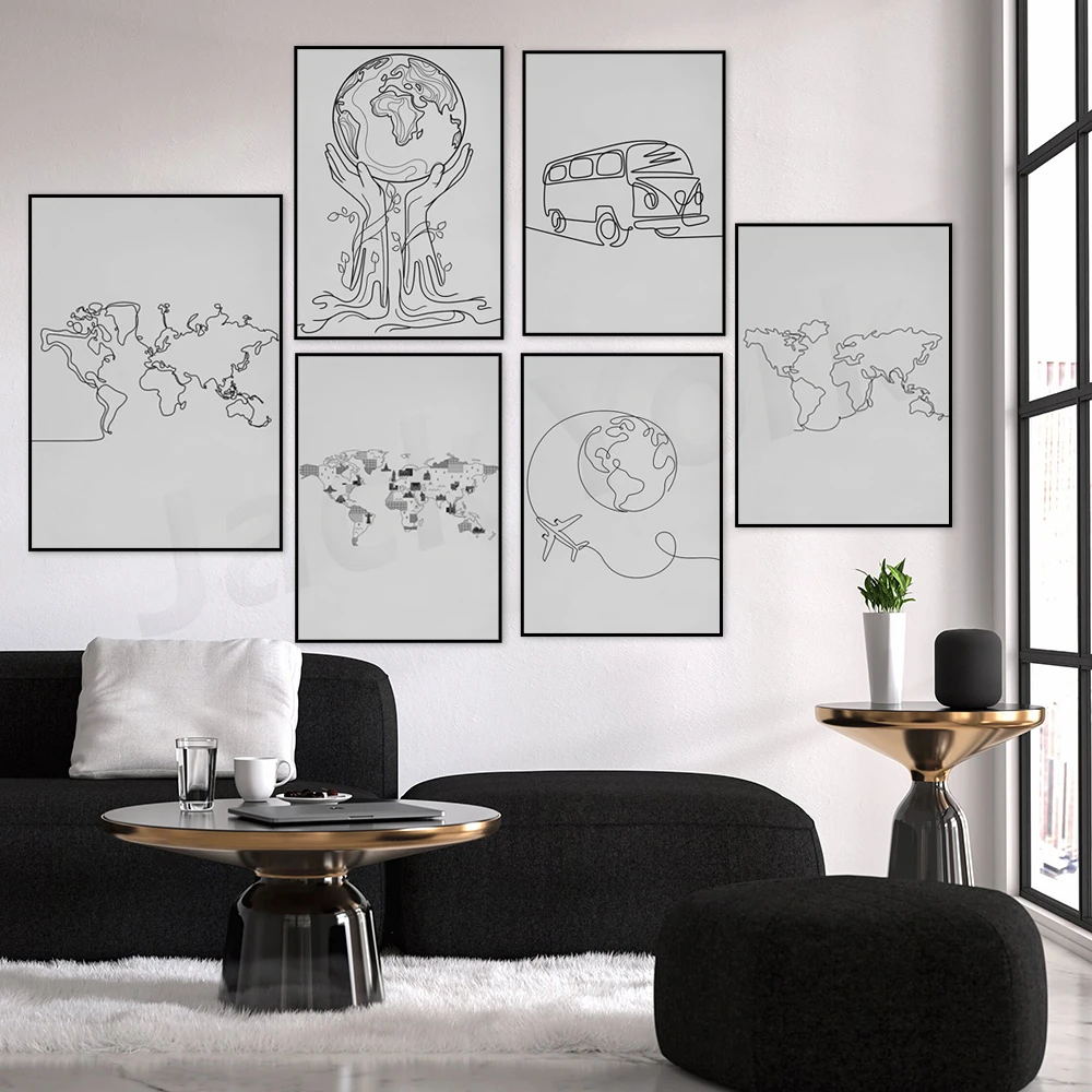 Minimalist World Map Line art,  Room Decoration Prints, Printable Poster Outline, Explorer Illustration Sign, Traveling
