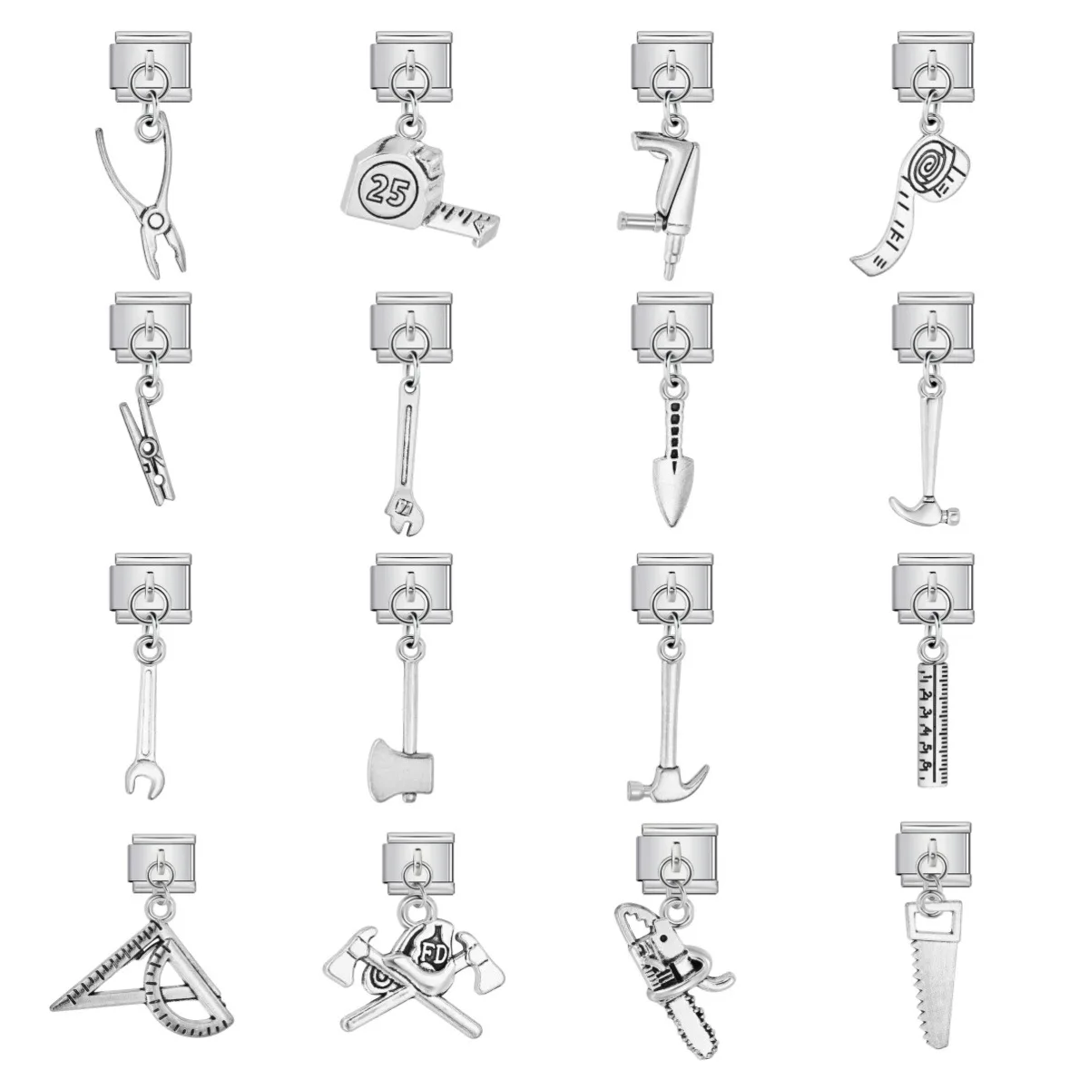 Silver Hand Tools Dangle Italian Charm Links Hammer Tape Measure Charms Fit 9mm Stainless Steel Module Bracelet DIY Accessories