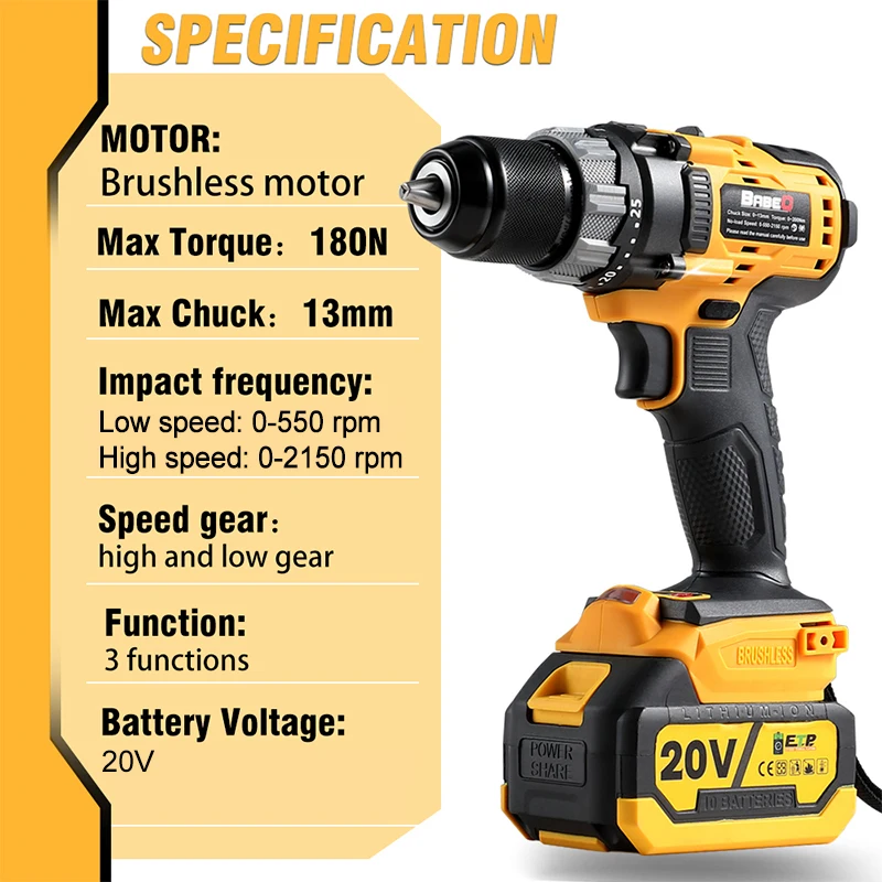 BINGK 13mm Brushless Electric Impact Drill 3 in 1 Electric Cordless Screwdriver Hand Drill For Makita18-21V Battery Power Tools