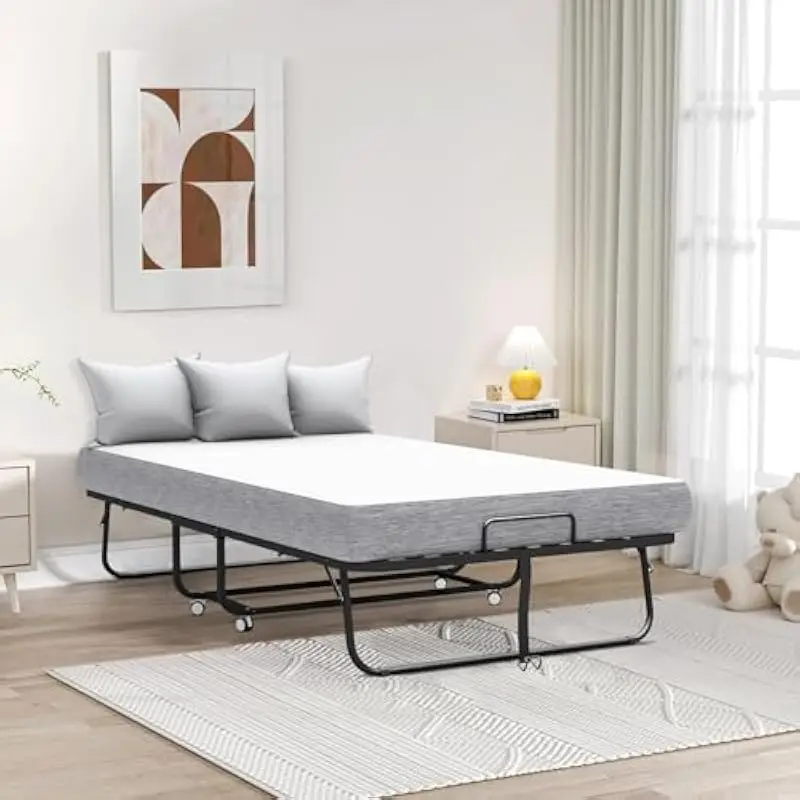 75x46 inch portable folding bed with integrated firm foam mattress, space-saving 14-inch folded profile, reinforced vertical ste