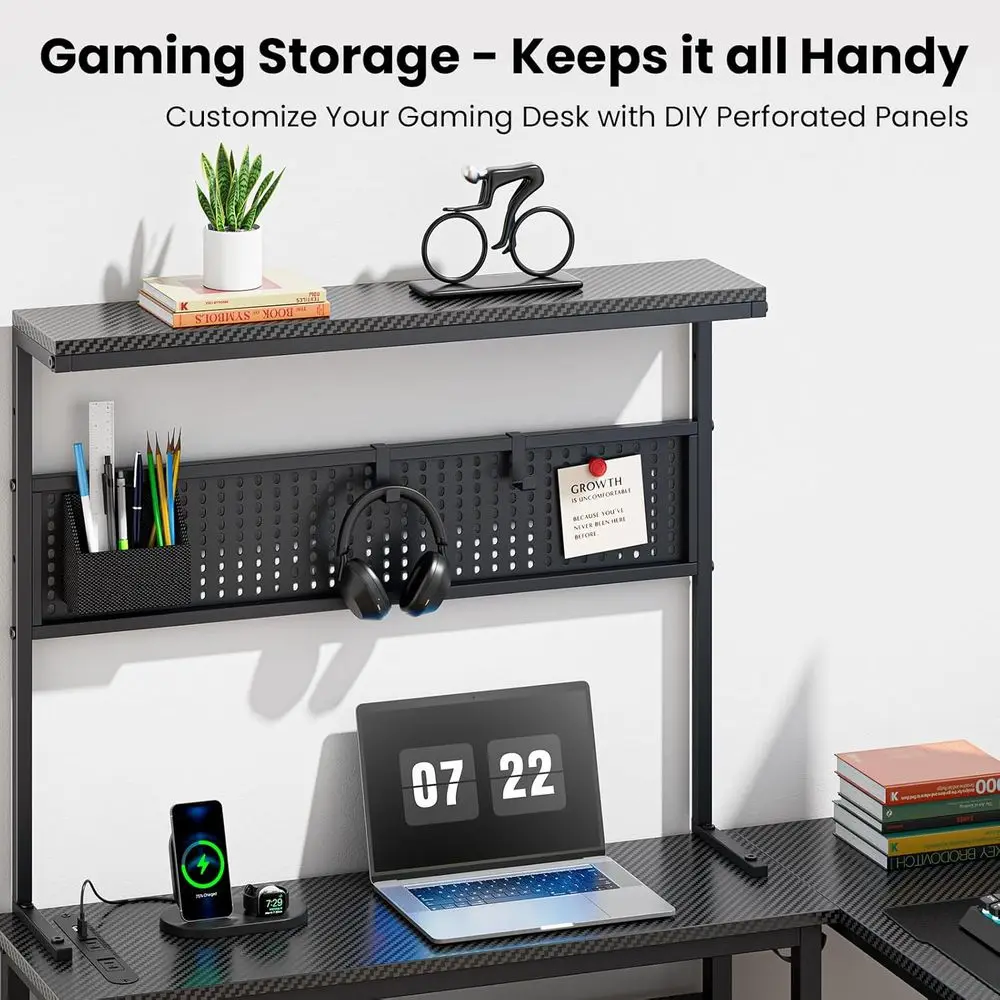 L-Shaped 52 Gaming Desk with LED, Monitor Stand, Storage, and Power Outlets