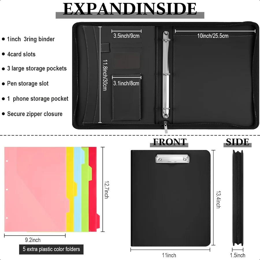 Padfolio Portfolio Organizer Binder พร้อมซิปหนัง Portfolio 3 แหวน Binder และ 5 โฟลเดอร์ Divider หน้าสําหรับแท็บเล็ต Resu