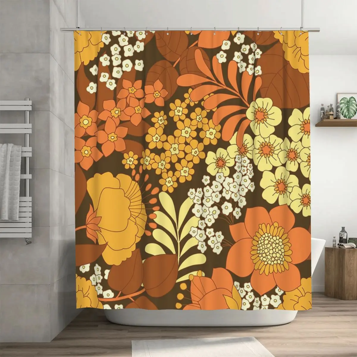 

Brown, Yellow, Orange And Ivory Retro Flowers Shower Curtain Bathroom Polyester Waterproof Bath Curtains with Hooks