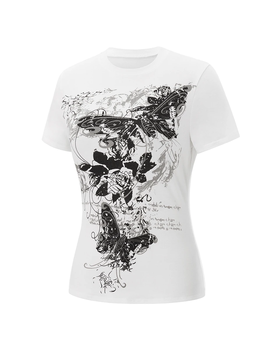 تي شيرت نسائي صيفي مينغ بأكمام قصيرة ورقبة دائرية وطباعة نمط تي شيرت عصري