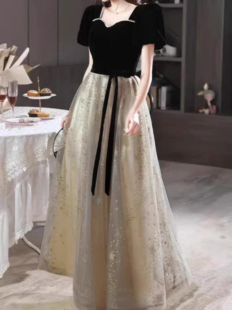 Customized Simple Temperament Square Collar Pearl Beading Prom Dress Contrast Slim Fit Lace Up Vestidos Star Sequin Tiered Long