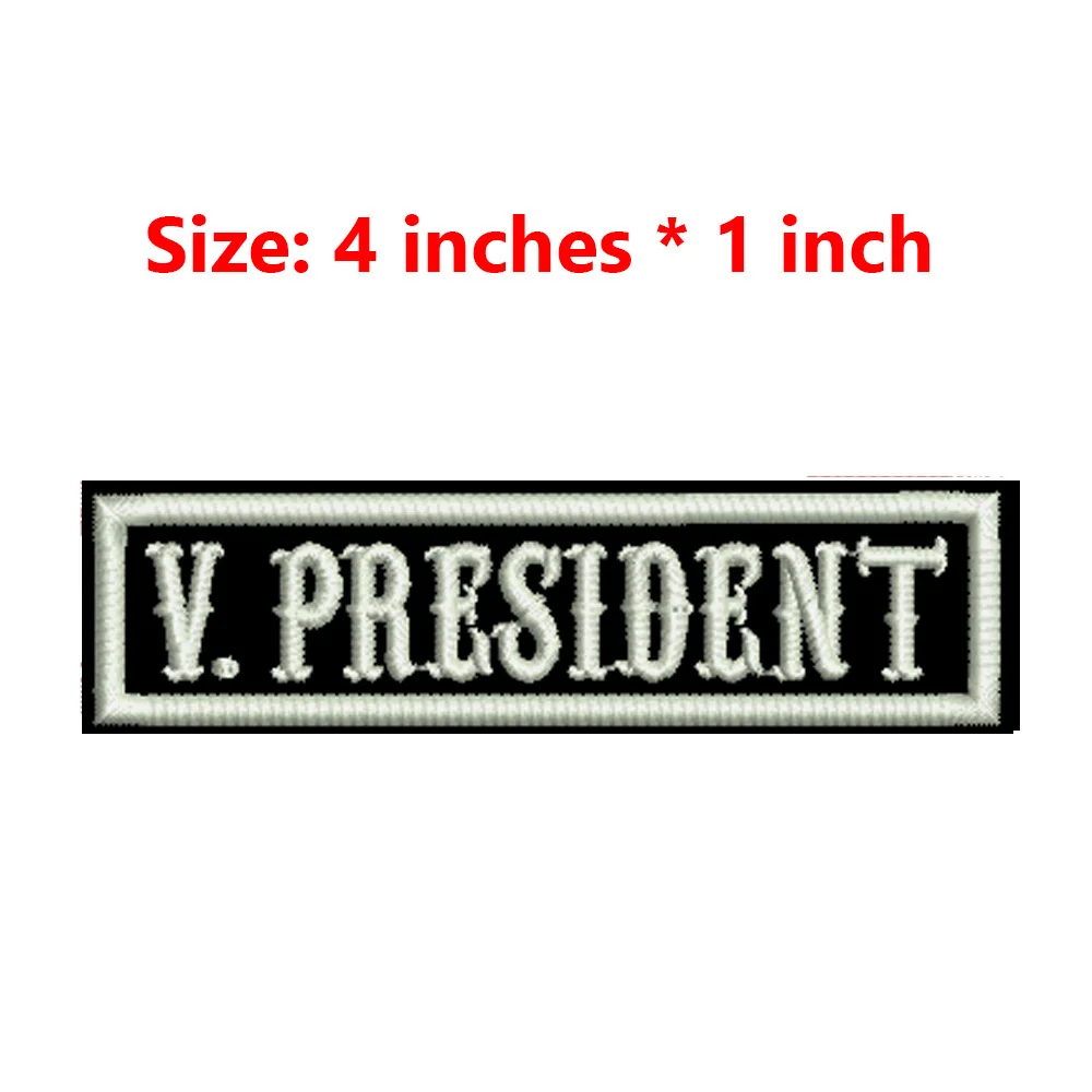 4 Inches Wide Iron On Embroidery White Texts And Border Name Tag PRESIDENT,ORIGINAL,SECRETARY,ROAD CAPTAIN,MEMBER,V. PRESIDENT