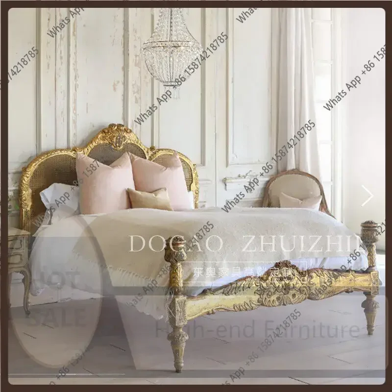 

vUy BJ French American Carved Solid Wood Rattan Bed Retro Light Luxury Nordic Wedding Bed Gold Old 1.8 Bed Log
