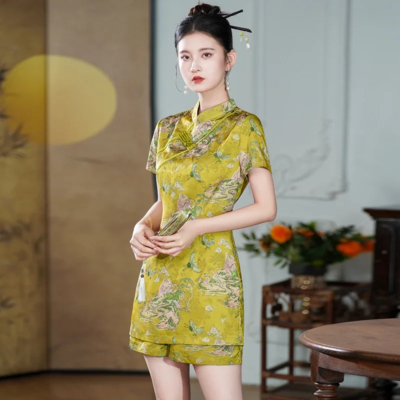 

Летняя роскошная сексуальная одежда, современный восточный комплект из 2 предметов, шорты с принтом журавля, наряд в стиле Cheongsam