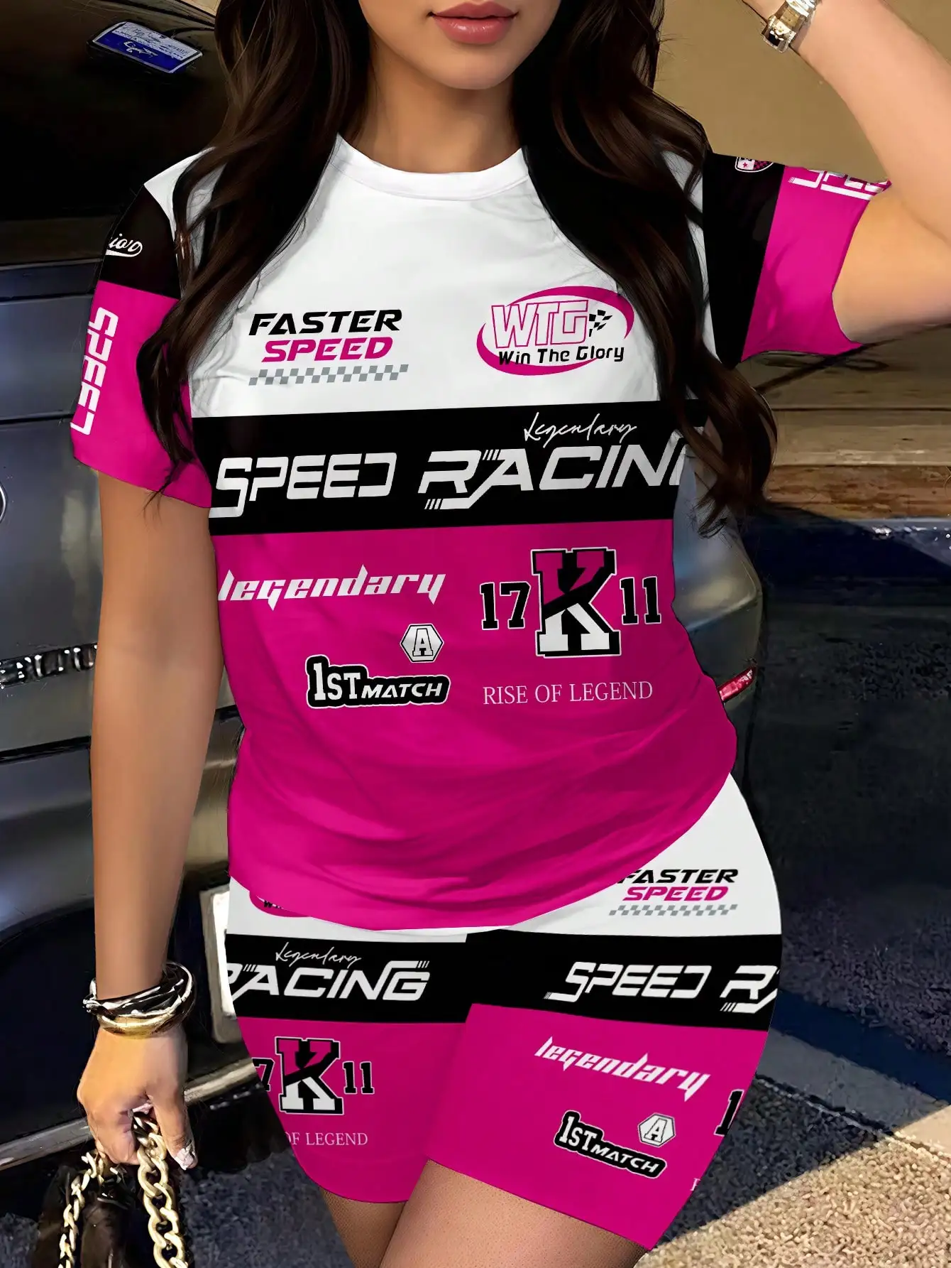 INAWLY 2개/세트 여성 여름 캐주얼 컬러 블록 레터 프린트 티셔츠와 반바지