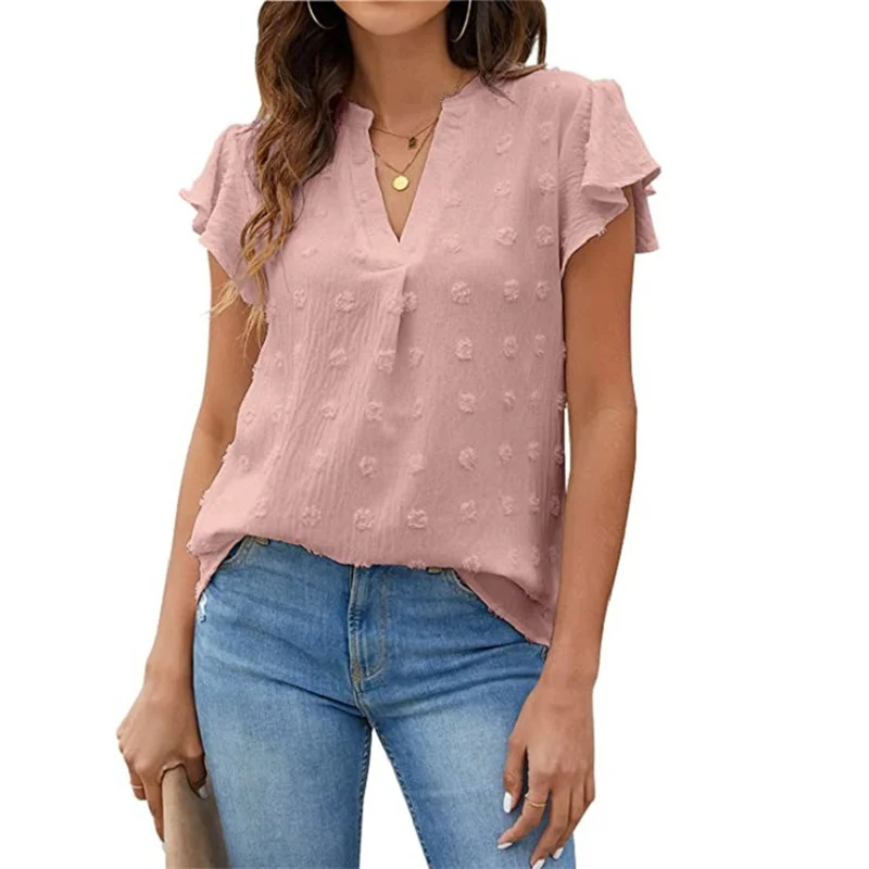 

Summer Chiffon V-neck Ruffle Three-quarter Sleeve Female Shirt Casual Loose Pullover Blouse Elegant Urban Commuter Women's Tops