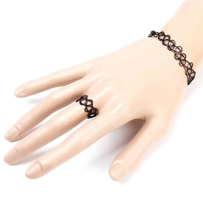 3X Vintage Boho Tattoo Choker Elastic Stretch Necklace Ring Bracelet Set Retro Henna