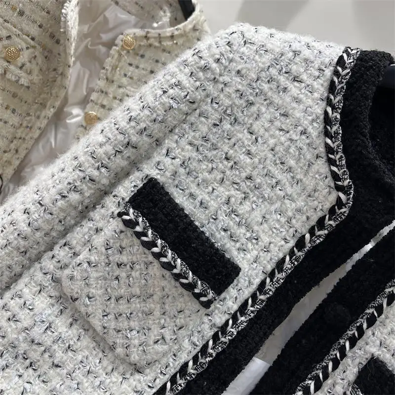 Wanita Tweed O-neck jaket longgar atasan desain Korea kancing sebaris Vintage Manteau Musim Semi jatuh lengan panjang Abrigos Blusas baru