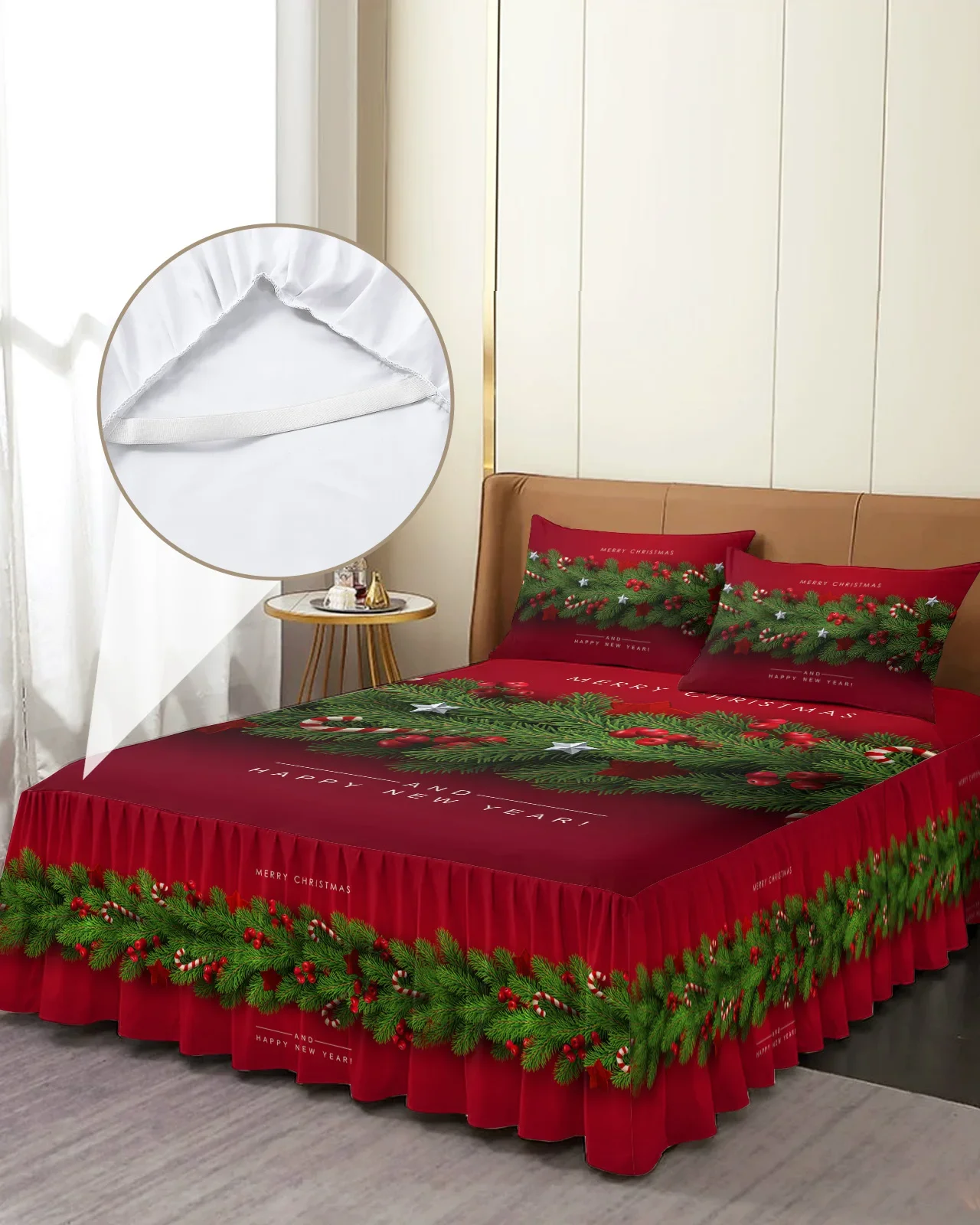 Christmas Tree Pine Needles Candy Bow Bed Skirt Elastic Fitted Bedspread With Pillowcases Mattress Cover Bedding Set Bed Sheet