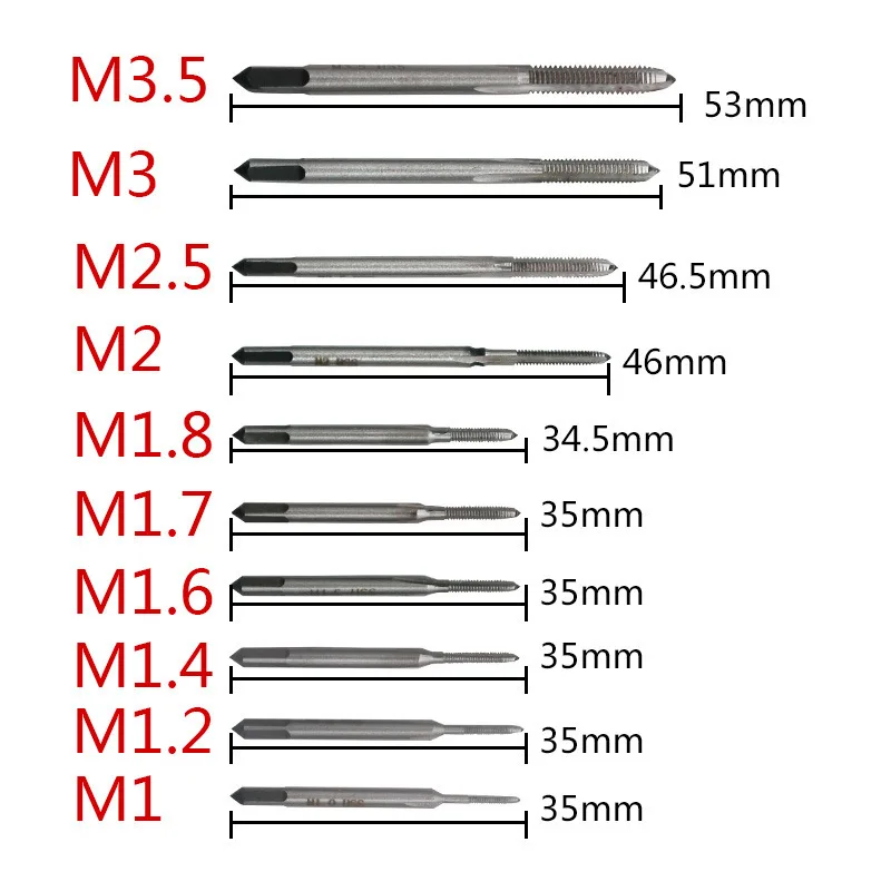 10Pcs Screw Thread Tap Set M1 M1.2 M1.4 M1.6 M1.7 M1.8 M2 M2.5 M3 M3.5 HSS Micro Straight Flute Metric Thread Tap Hand Tool