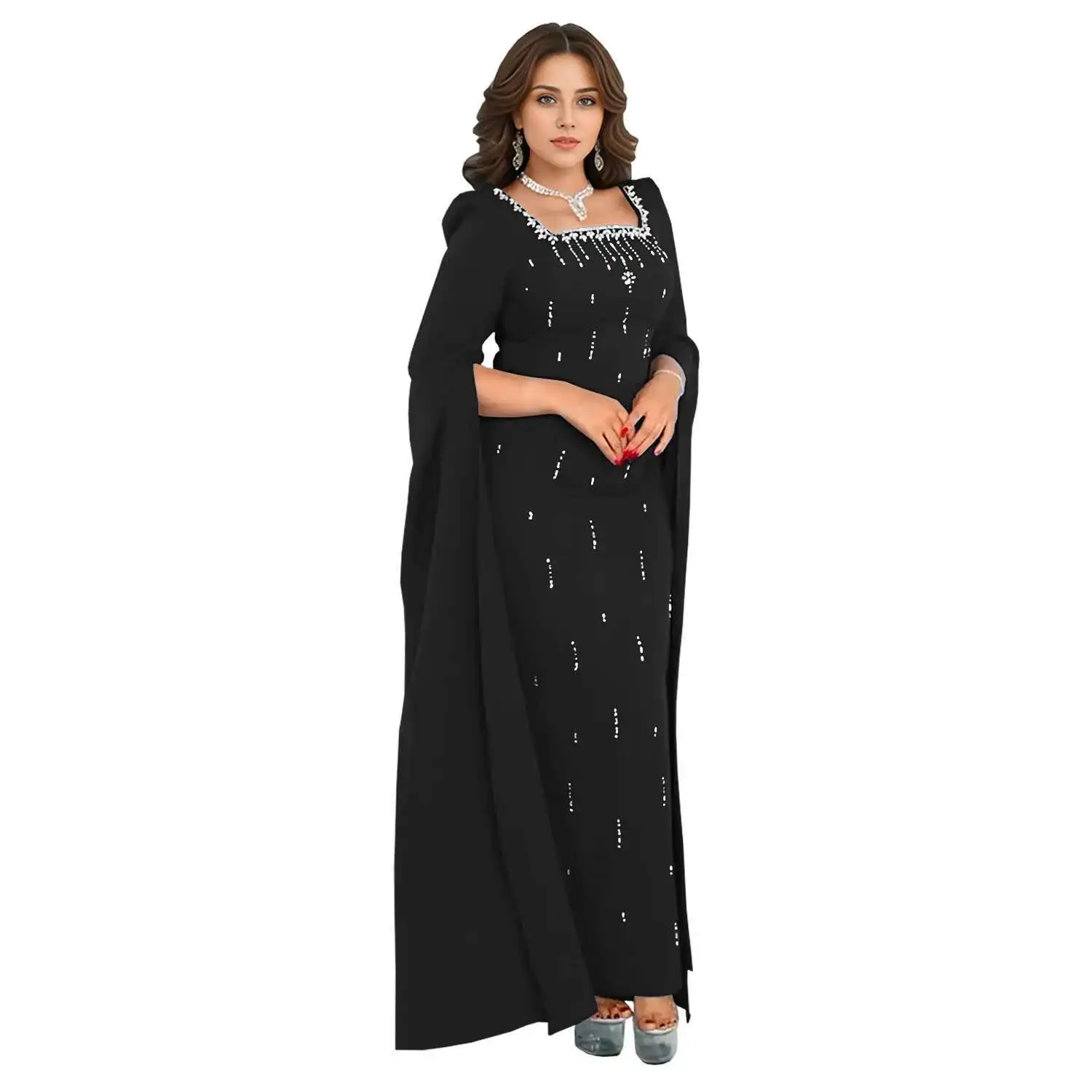 

Fashionable C7259 Women's Back Slit Cape Sleeve Rhinestone Elegant Dress Gothic 2025 Summer Dress Robe Vestido Women Party