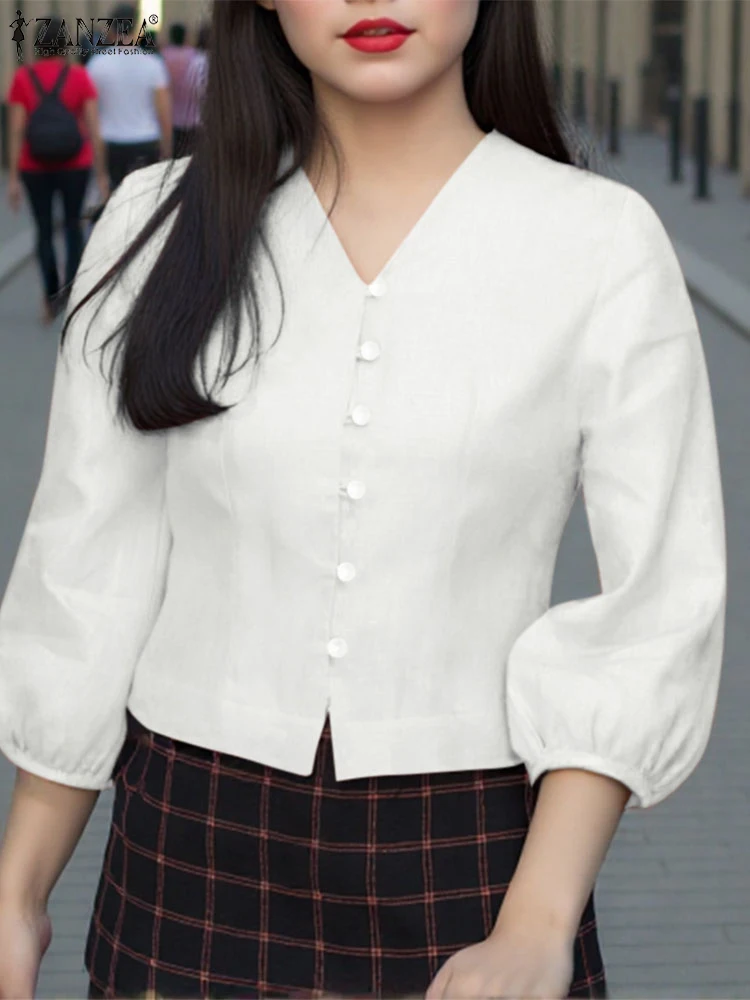 ZANZEA Women Shirts Casual Solid Color Blouse 2025 Female V-Neck 3/4 Lantern Sleeve Tops Vintage Style Buttons Blusas