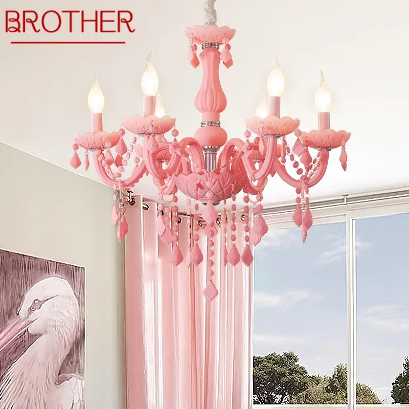 

BROTHER Pink Crystal Pendent Lamp Art Girls' Room Candle Lamp Children's Room Living Room Restaurant Bedroom Chandelier