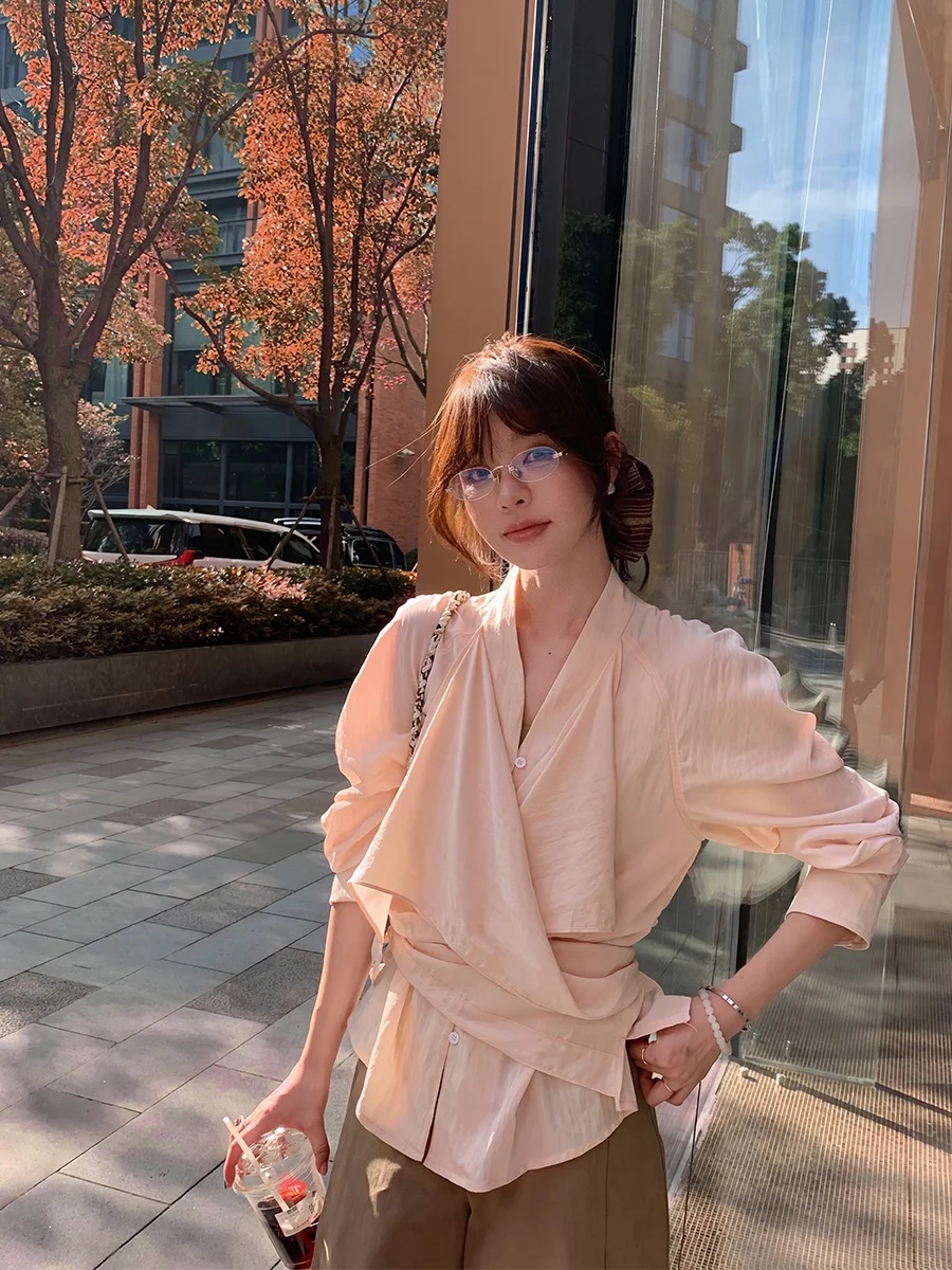 

MUKOK Women's Long Sve irt Pink Cross Tie Waist Design Spring Autumn Slim Fit Comfortable Breathable V-ne Daily Wear