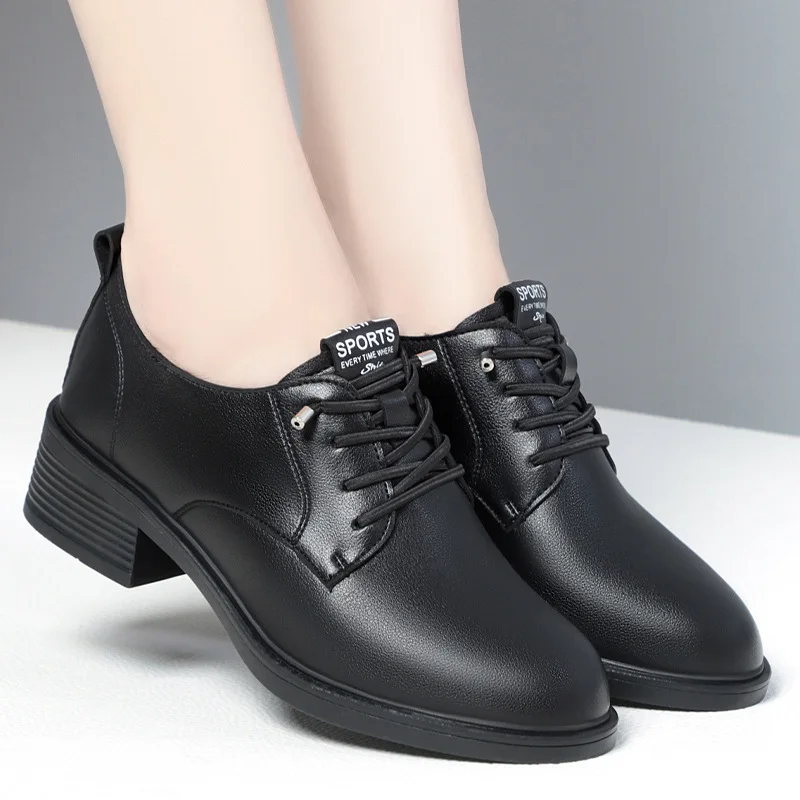 4cm Breathable Comfortable Med Square Heels Shoes Women Oxfords Fall 2026 Lace up Soft Leahter Shoes Platform for Office Mom