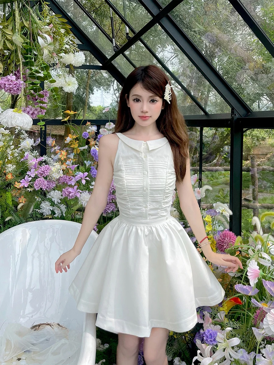 REDDACHiC Revers Turkse Witte Jurk voor Vrouwen Mouwloze Stitch Kant Plooien Shirt Jurk Bruiloft Gast Afstuderen Zomerkleding