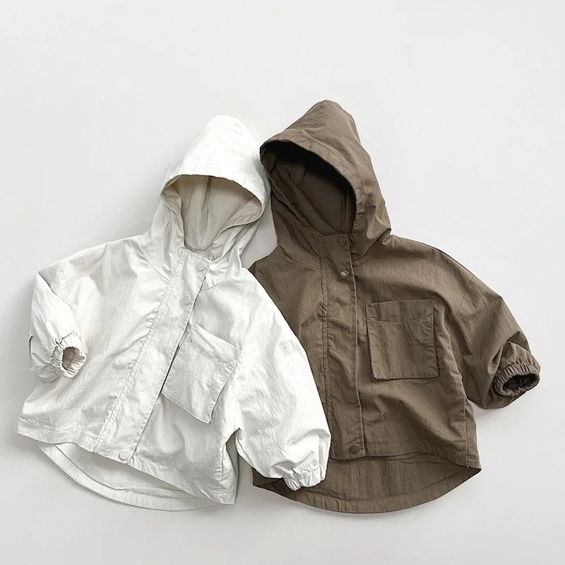 

Spring Autumn Baby Girls Boys Stylish Cotton Loose Plain Hooded Zip Jacket Kids Retro Coat Children Outfit Windbreaker Top 1-8Yr