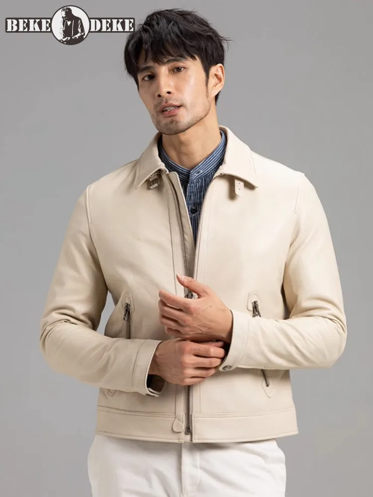 Italian Designer Mens Slim Fit Beige Goatskin Business Work Coat Zipper Short Genuine Leather Jacket Autumn Real Leather Coats