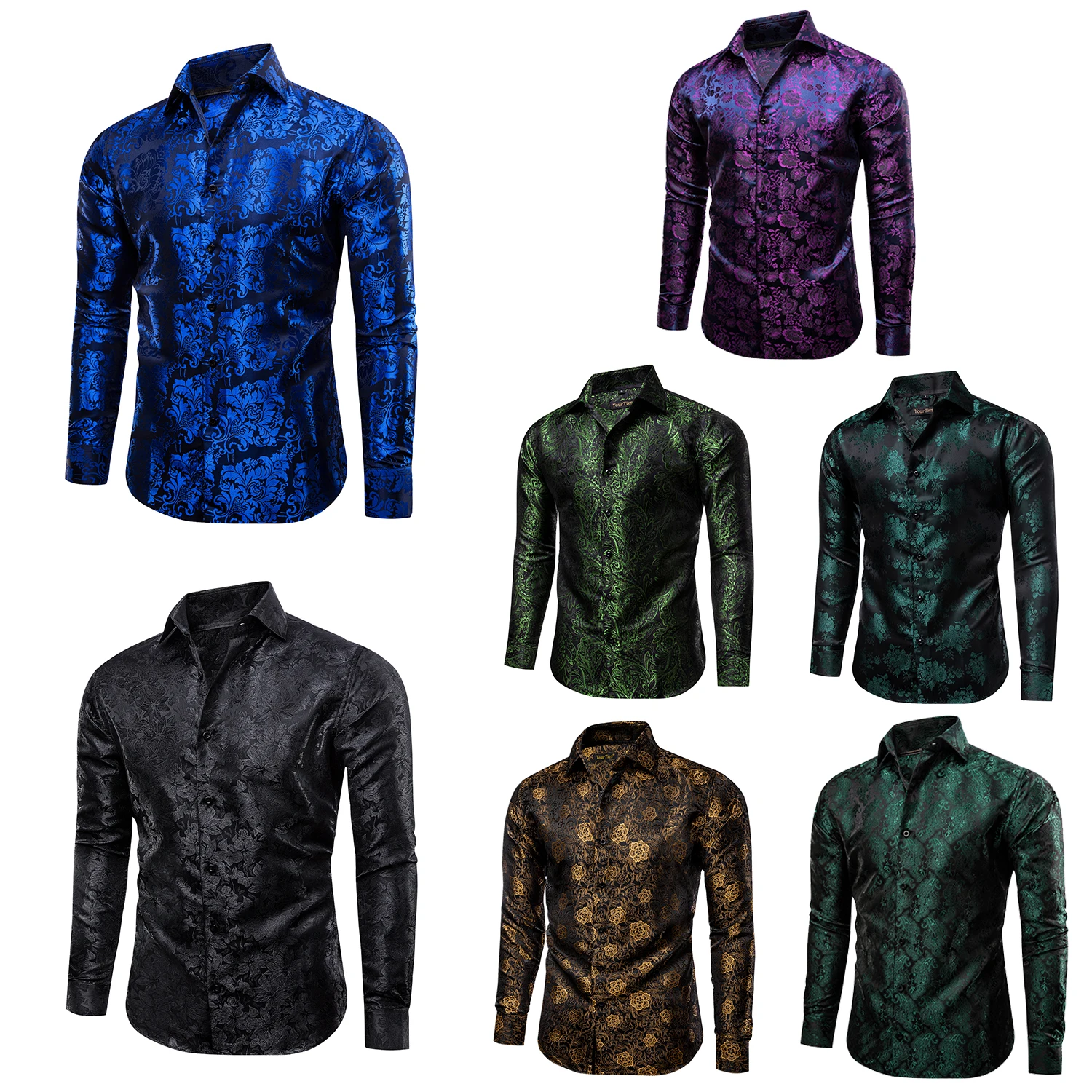 Men Long Sleeve Floral Jacquard Shirt Slim Fit Turn‑down Collar Button Up Dress for Party Wedding Banquet