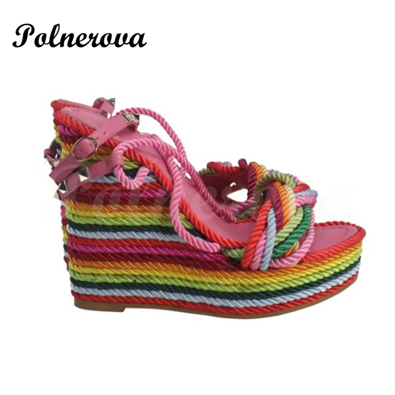 Colorful Hemp Rope Silver Rivet Espadrilles Wedge Sandals Genuine Leather Strap Wedge Sandals for Women Luxury Sandal High Heels