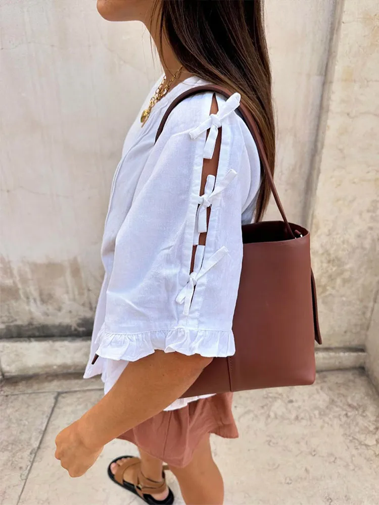 Woman Casual Solid Color Round Neck Lace Up Top Fashion White Pleated Loose Half Sleeved Shirt 2025 Spring Lady Streetwear Chic