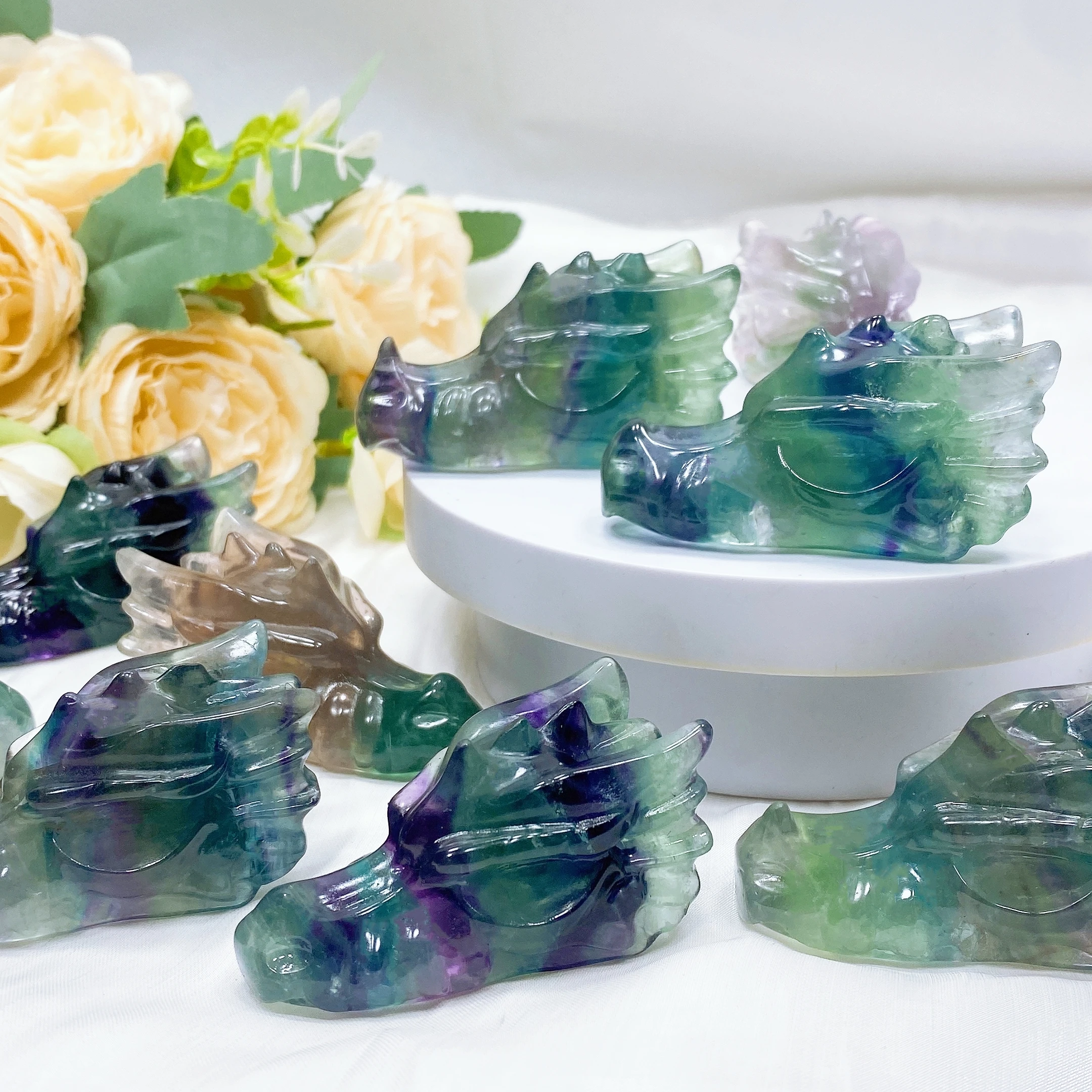 

65mm Dragon Head Status Natural Flourite Crystal Reiki Healing Handcarved Stone Figurine Crafts Gemstone Gift Room Ornament