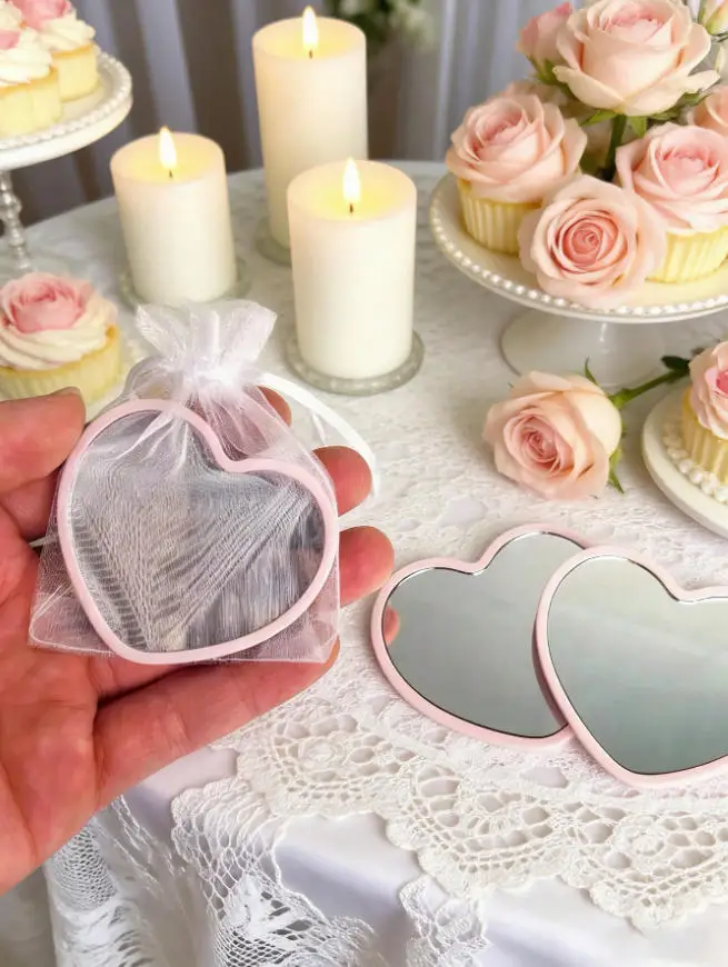 12 sets including 12 mirrors and 12 bags, heart-shaped portable makeup mirror, cute small makeup mirror, suitable for birthdays,