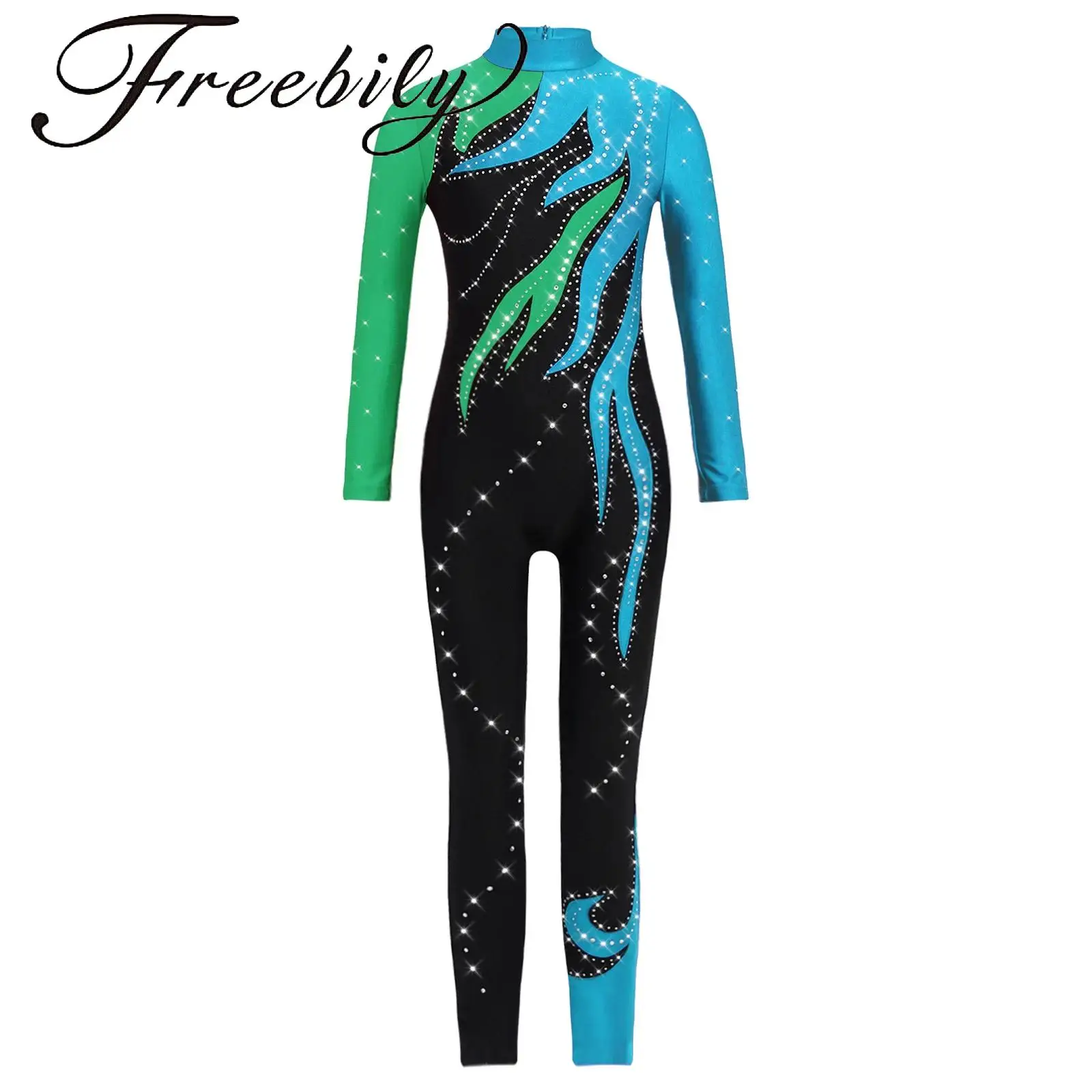 

Kids Girls Ballet Jumpsuit Mock Neck Long Sleeve Shiny Rhinestones Bodysuit Full Body Gymnastics Leotard