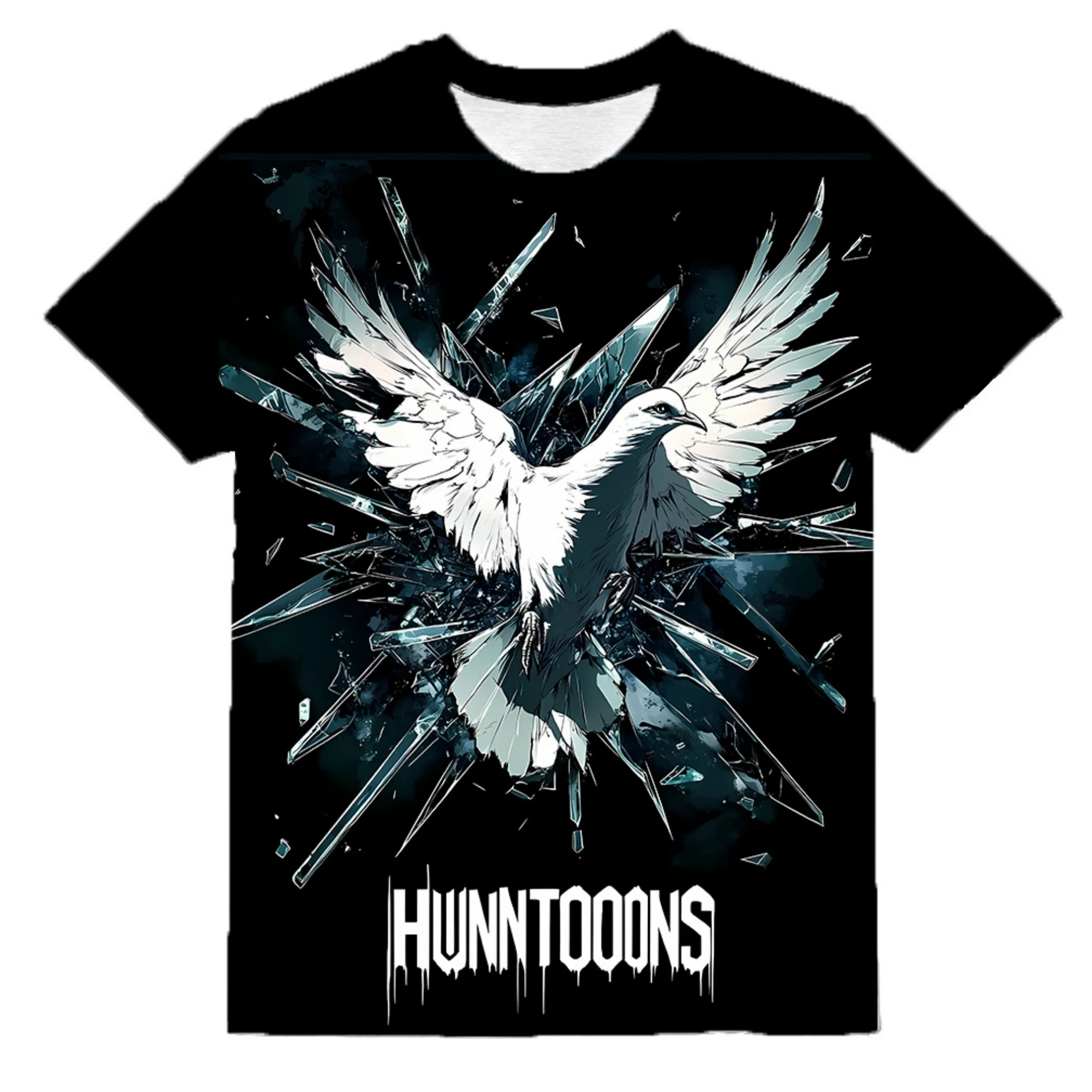 Rock Gothic Men Graphic T‑Shirt White Dove Shattered Glass Pattern Drip Letter Print Short Sleeve Dark Street Casual Oversized T