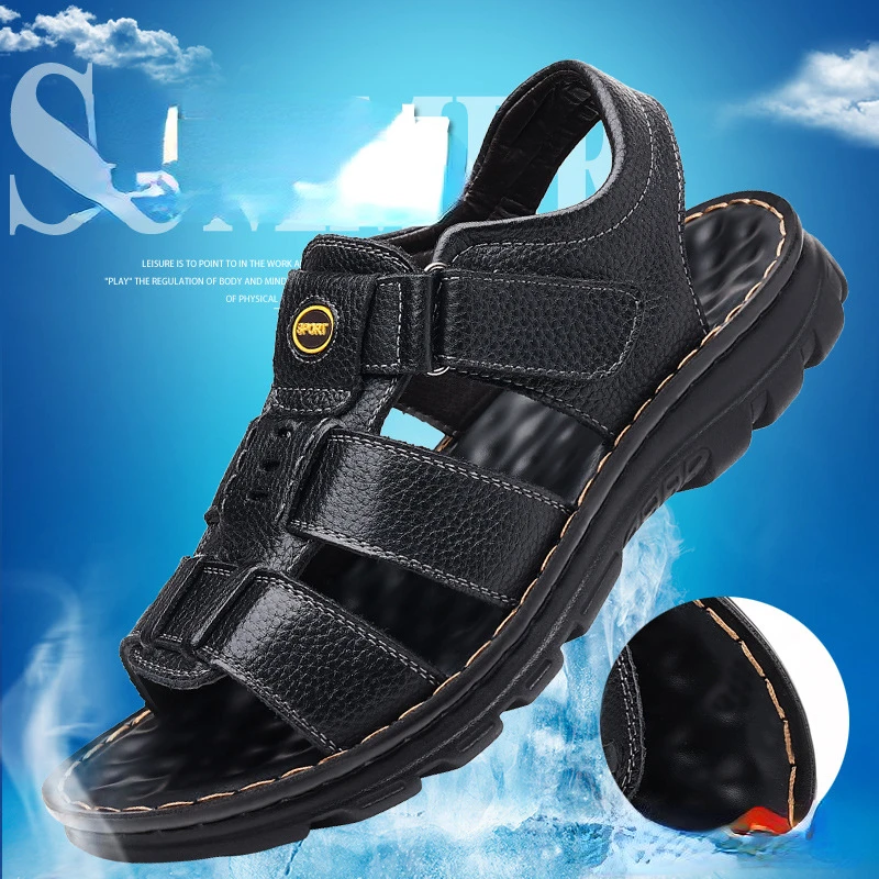 Summer Designer Men Genuine Leather Sandals Hook & Loop Outside Men Cow Leather Slippers Soft-soled Male Casual Sandals No Slip