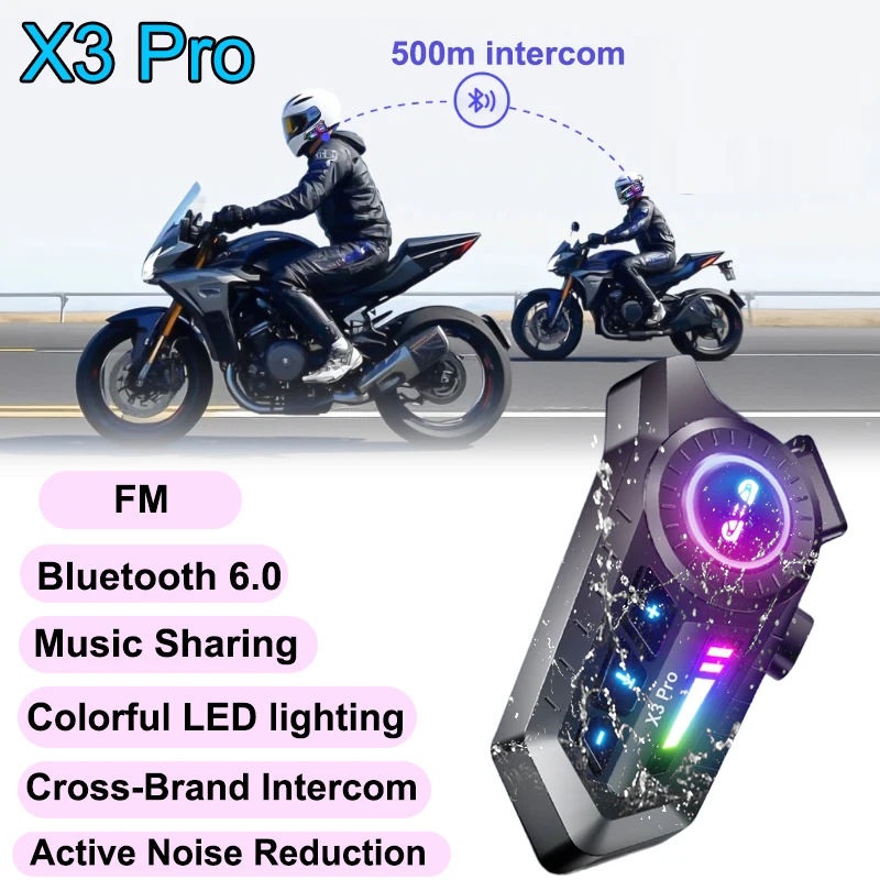 KEBIDUMEI 1/2x Motorcycle Intercom Headset Helmet BT 6.0 For 2 Riders intercommunicator 500M Support FM with Ambient light