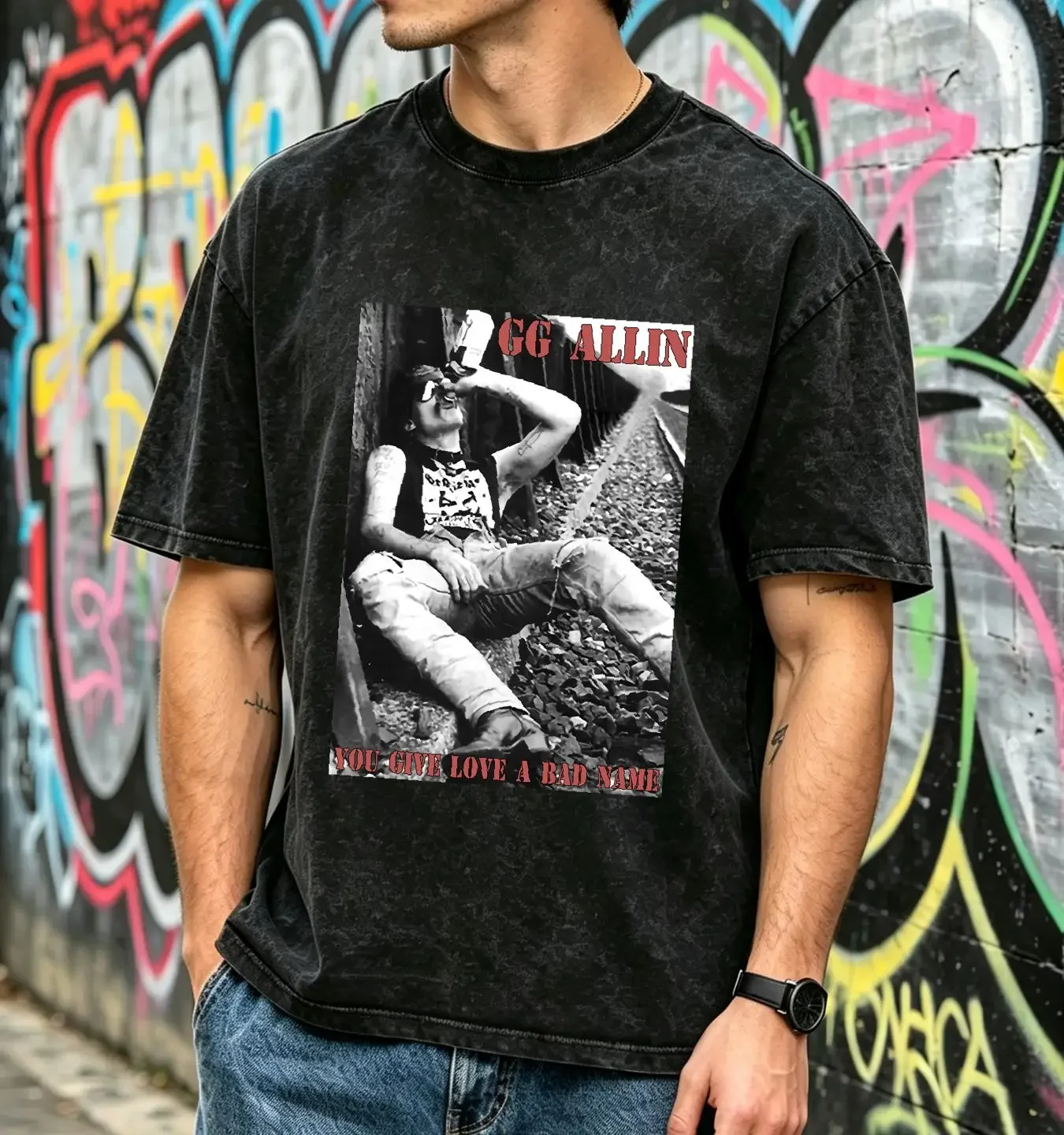 washed T Shirt GG ALLIN Black 90s Punk Crew Neck ConcerT Band L long or short sleeves vintage Washed Casual Stretched