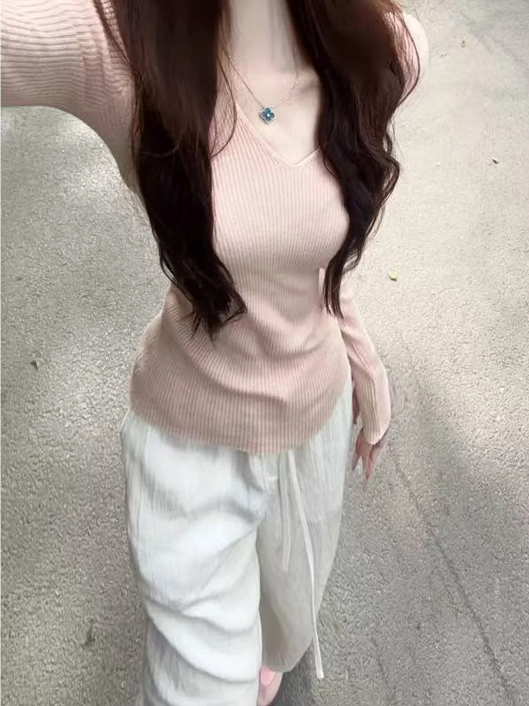 

Slim Fit Knitted Base irt Women's Long Sve Overhead Sweater Autumn Winter New Sle Pink High End Feel Inner Wear Top