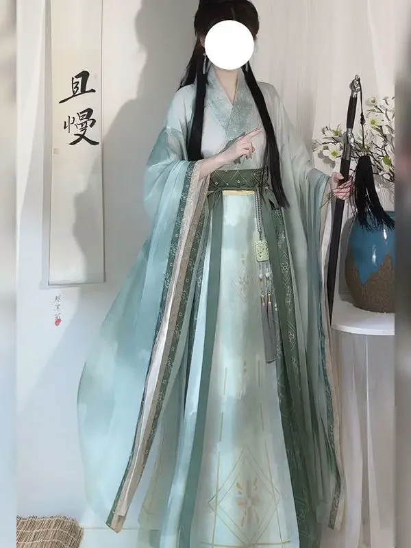 Wei Jin Dynasty Green Hanfu Women's Crossed Collars Wide Sleeved Chinese Taditional Cosplay Costume Stage Performance Dress