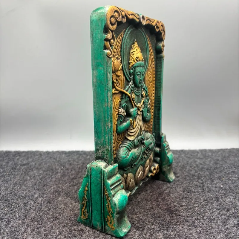 Tibetan Green Tara Dolma Table Screen Statue Imitation Turquoise Finish Gilded Lotus Relief‑Carved Home Altar Decor Collectible