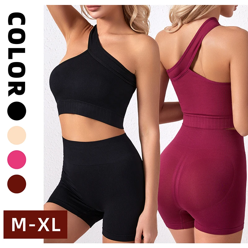 Two Pieces Workout Set For Women Sports Outfits Seamless One Shoulder Bra With Running Short Matching Yoga Sets