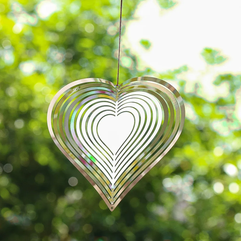 5.9inch Heart Wind Spinner Sculpture Stainless Steel 3D Whirligig Flowing Wind Chime Catcher Garden Hanging Decor Bird Deterrent