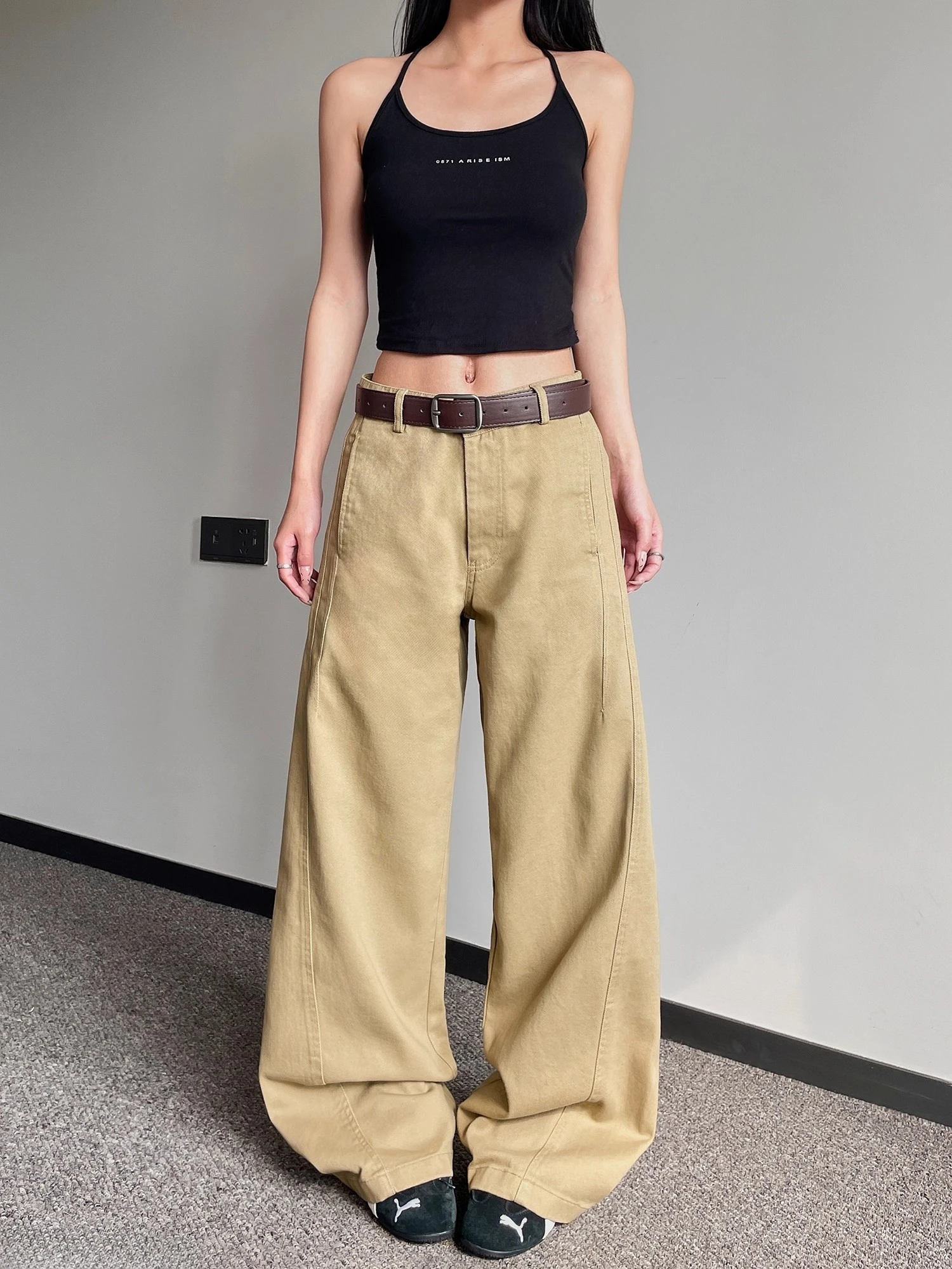 

Американские винтажные джинсы-брюки прямого кроя с широкими штанинами, повседневные, свободного кроя, женские, дизайнерские, цвет хаки