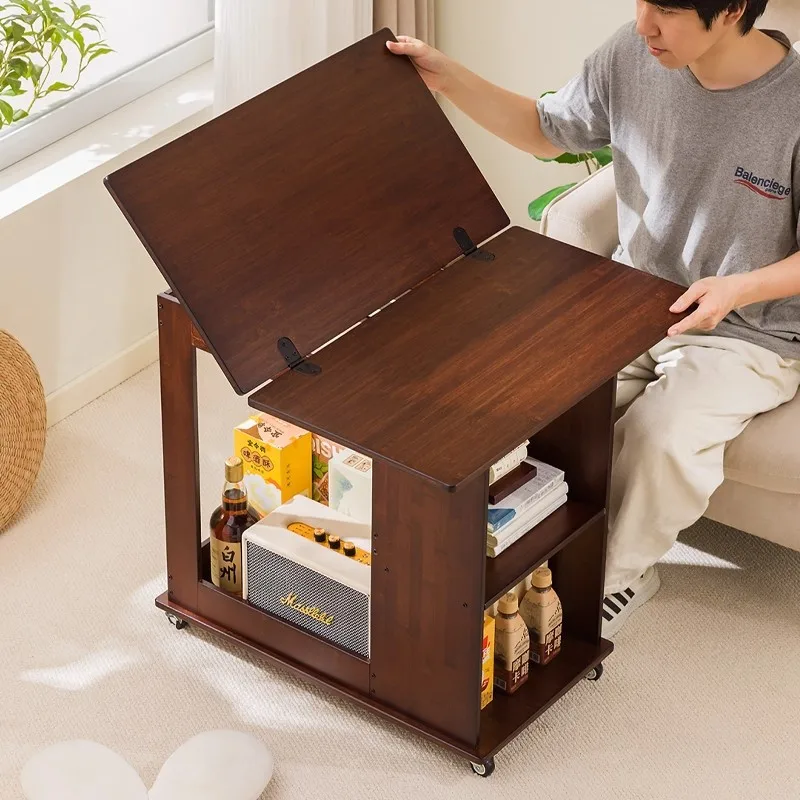 

Mobile Coffee Table Folding Sofa Side Cart, Rolling Trolley Storage Shelf with Wheels, Movable End Table for Living Room