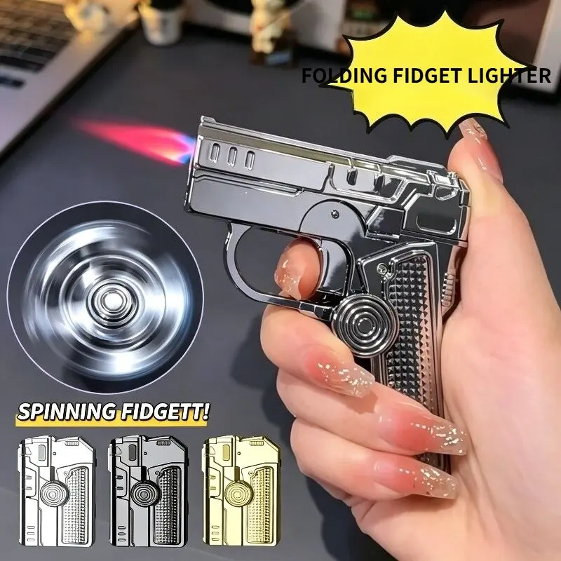 5-in-1 Multi-Function Folding Gun Gas Lighter with Spinner Stress Relief Windproof Red Flame Laser Light - Creative Gift Toy