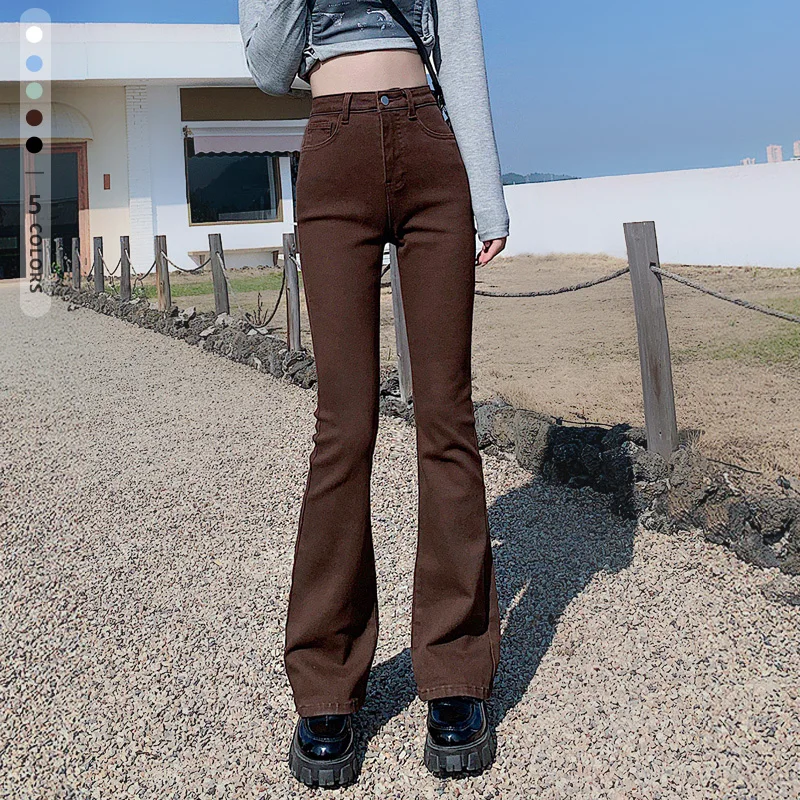 

2023 New Women Flared Jeans Coffee White Green Elastic Skinny Straight Denim Pants Female Casual Streetwear Vintage Trousers