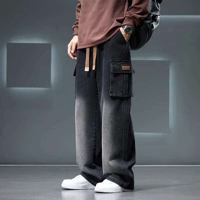 Autumn New Wide Leg Washing Jean Pants Men Trousers Neutral Solid Color Loose Casual Fashion Pocket Cargo Pants Big Size 8xl