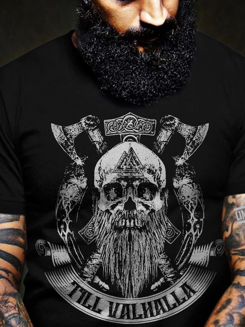 Till Valhalla Odin Raven Rune  Beard Warrior Skull T-Shirt Short Sleeve Casual 100% Cotton O-Neck Summer Mens T-shirt