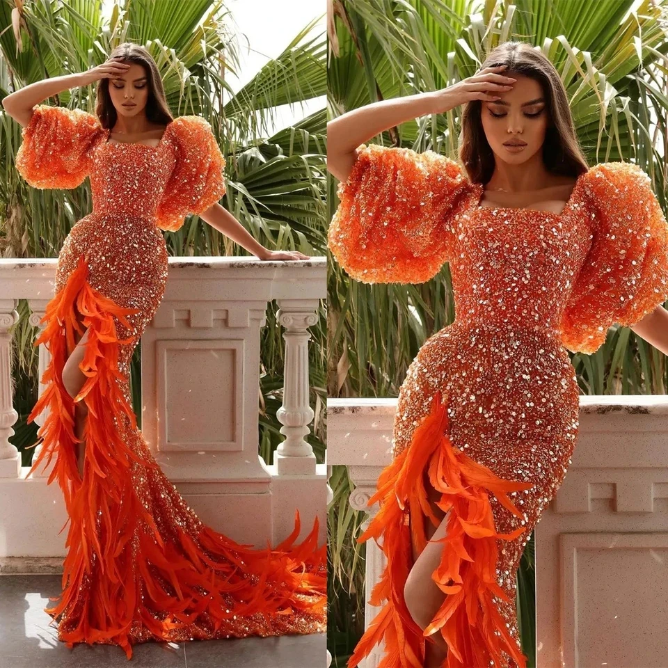 

Luxury Orange Evening Dress Short Ruffle Sleeve Square Collar Side Split Feathers Sequined Sparkly Floor Length Long Train Gown