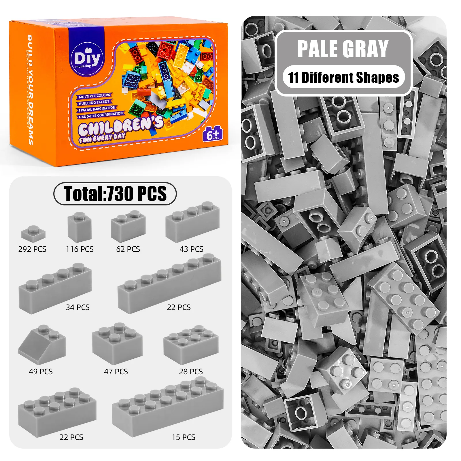 

730 шт., строительные блоки из мелких частиц, различные детали, оптовая партия, светло-серый, 11 размеров для творческой модели «сделай сам», развивающая игрушка STEM